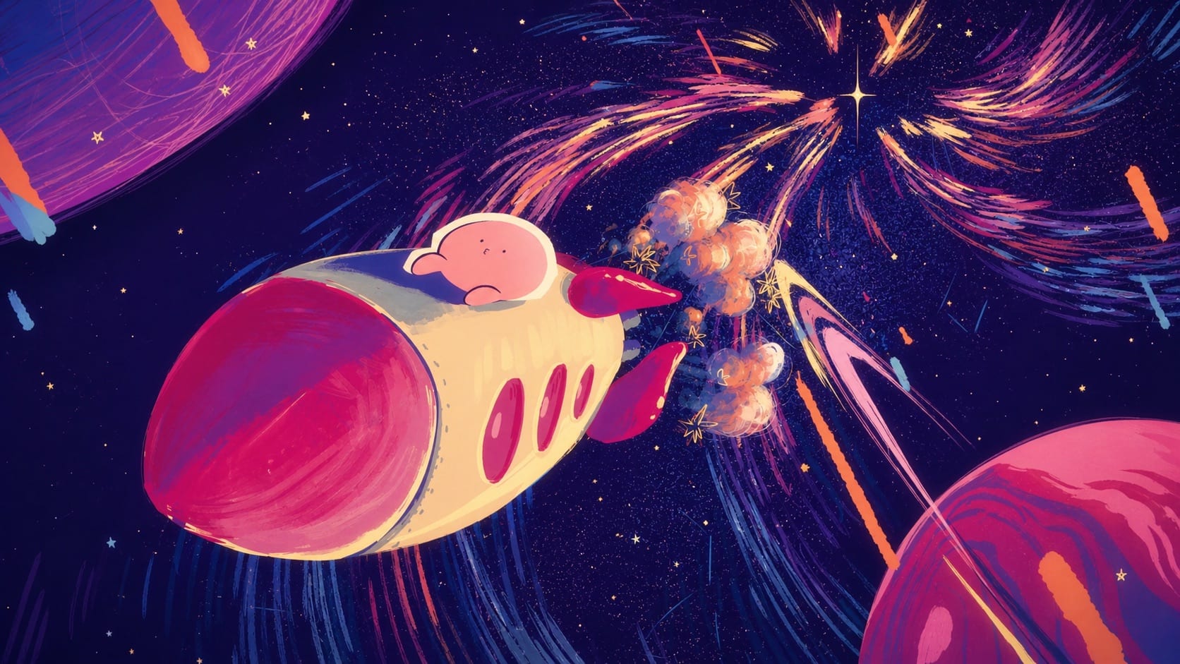 Takopi riding a small spaceship through a starry sky with colorful fireworks
