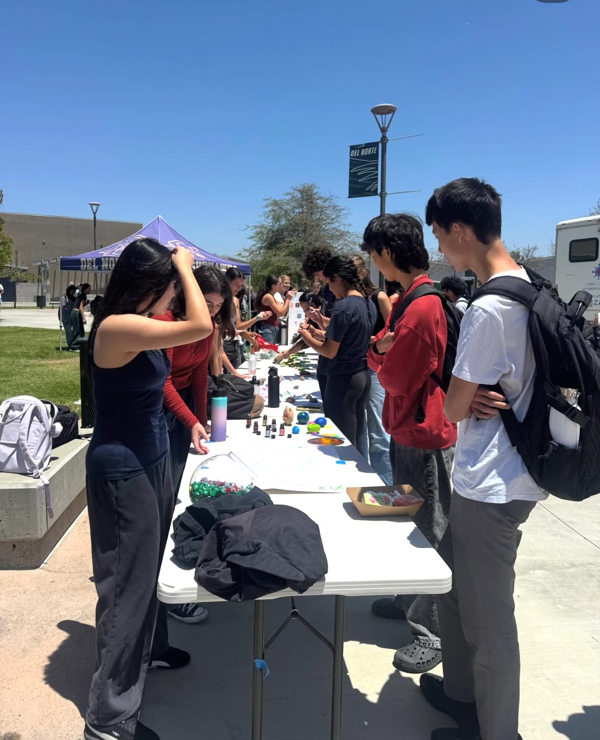 Students gathered around a wellness activity table at the Del Norte High School Mental Wellness Fair