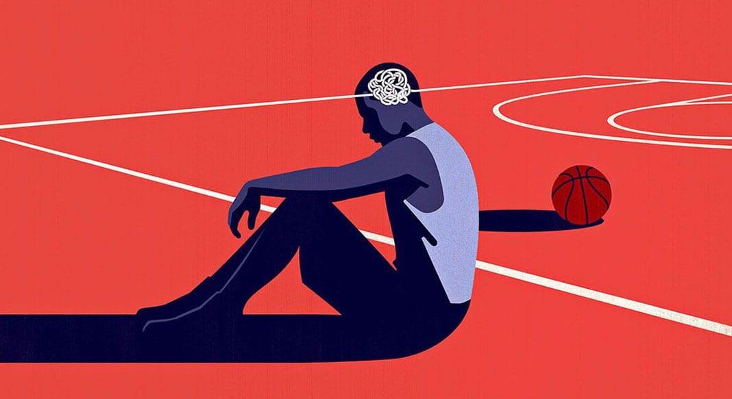 Illustration of an athlete sitting on a basketball court with their head lowered and a basketball behind them