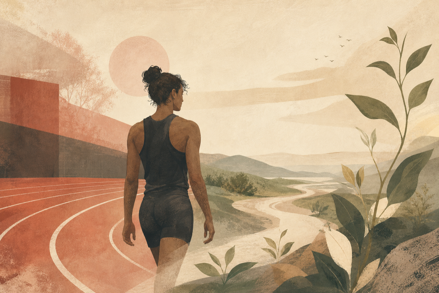 An athlete walking from a track toward an open landscape where the lanes become a winding path