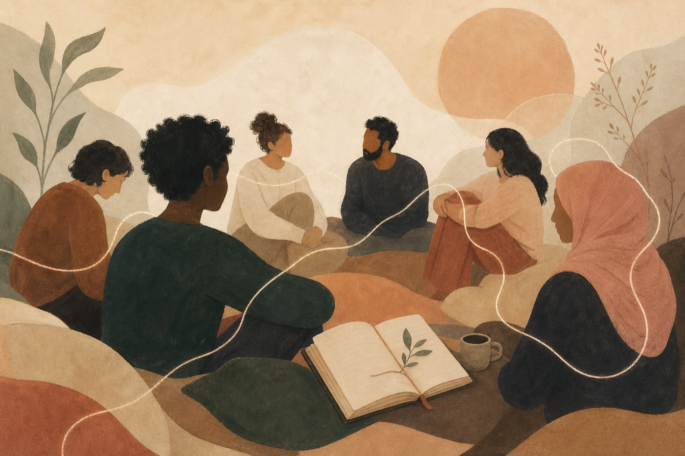 A diverse group gathered in conversation around an open journal, connected by a gentle thread